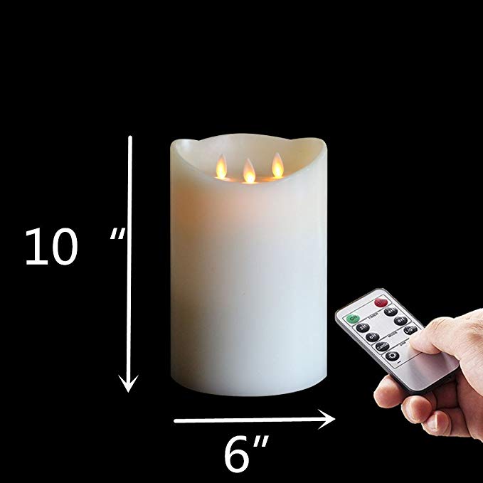 6x10 Inch 3wicks Flameless Pillar Wax Candle , Realistic and Bright Flickering Bulb Battery Operated LED Candle for HOME decor