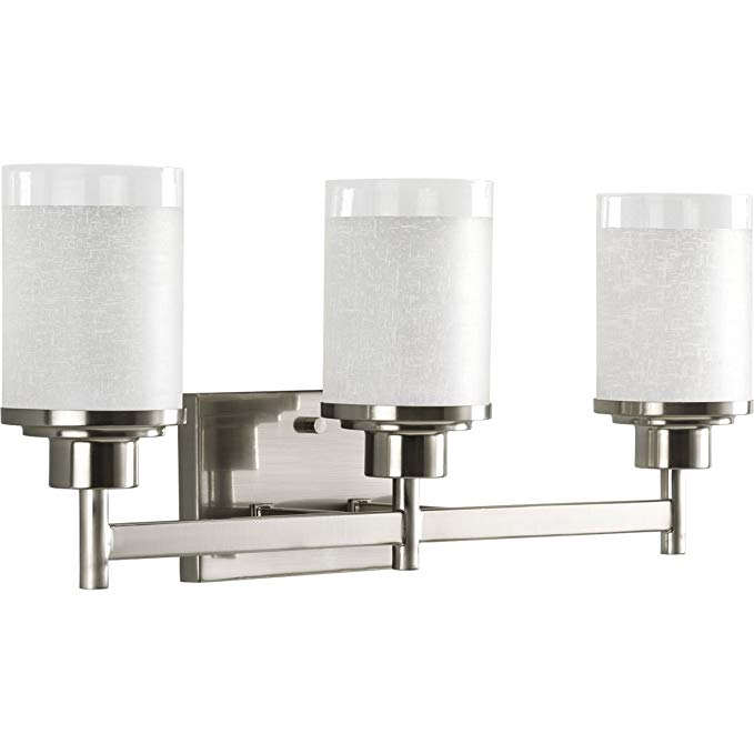 Progress Lighting P2978-09 3-Light Wall Bracket with White Linen Finished Glass and Clear Edge Accent Strip, Brushed Nickel