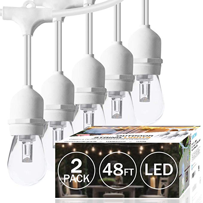 SUNTHIN 2-Pack 48ft Dimmable White Outdoor String Lights, LED Patio Lights String with 15 x E26 Sockets, 18 x 0.9 Watt S14 Edison Bulbs (3 Spares) Hanging Light, Waterproof Wedding String Lighting