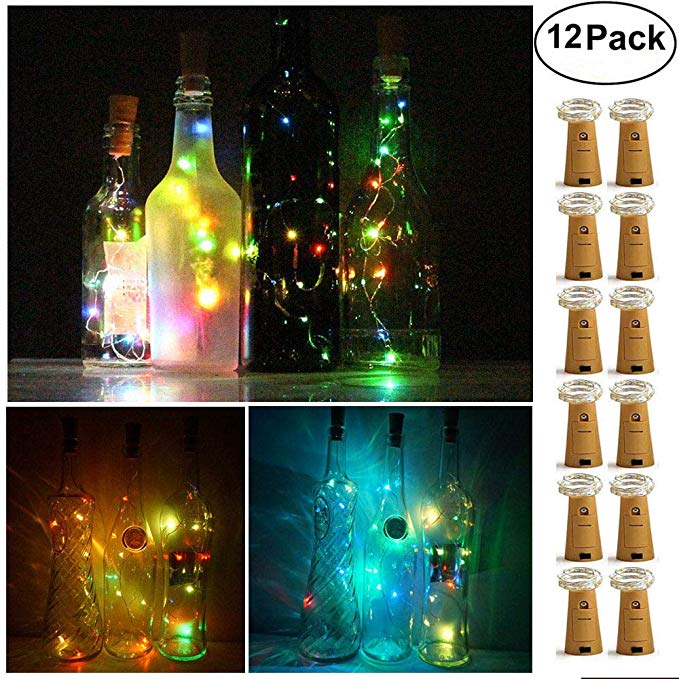Decem Wine Bottle Lights with Cork 12 Pcs 15 LEDs Warm White Cork Shape Silver Copper Wire Battery Powered LED Fairy String Lights for DIY/Decor/Party/Wedding/Christmas/Halloween (5 Colors)