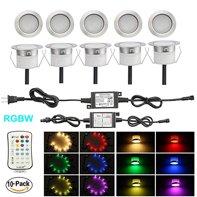 FVTLED Pack of 10 Low Voltage LED Deck Lighting Kit RGB & Warm White Stainless Steel Waterproof Outdoor Landscape Garden Yard Patio Step Decoration Lamp LED In-ground Light (10pcs, RGBW)