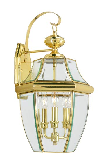 Livex Lighting 2351-02 Monterey 3 Light Outdoor Polished Brass Finish Solid Brass Wall Lantern with Clear Beveled Glass