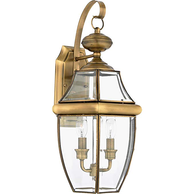 Torbrook Outdoor Wall Lantern Lighting for Garage Exterior, Gold, Clear Glass, Large 2-Light 120 Watts, Brass Patina