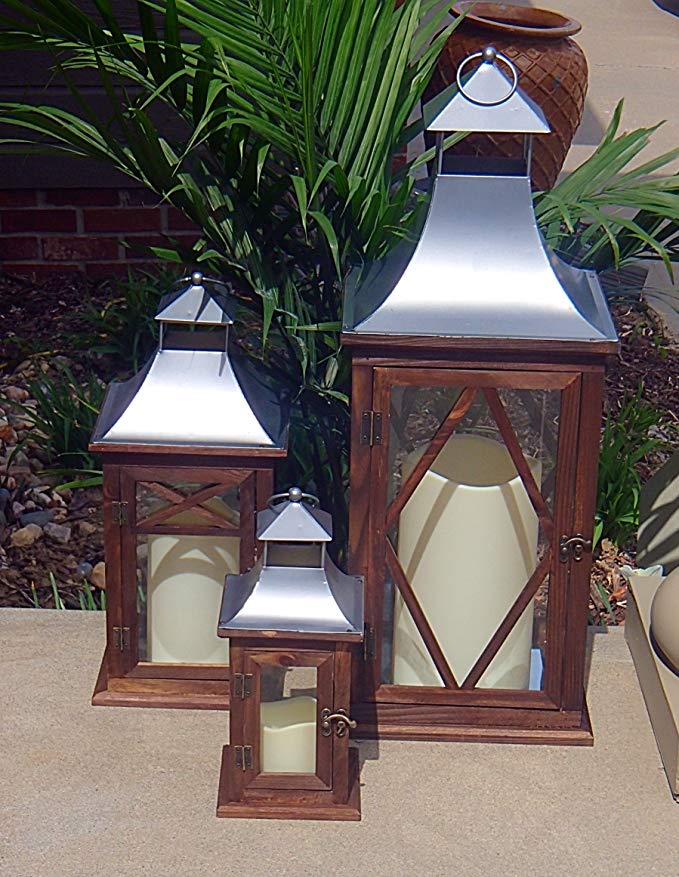 Pebble Lane Living 3pc Large Outdoor Wood Lanterns with Candles