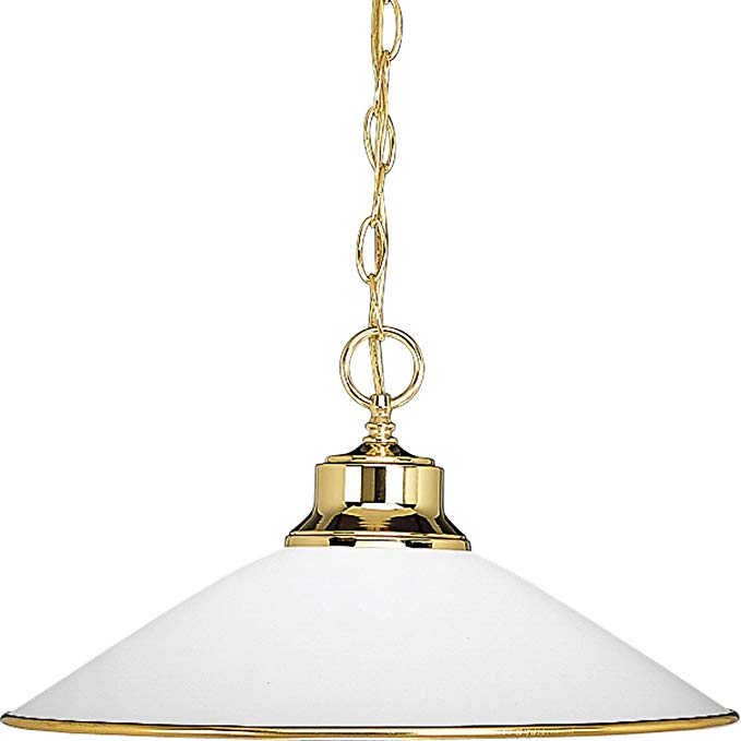 Progress Lighting P5013-10 1-Light Chain-Hung Pendant with Satin Opal Glass and Accent Ring, Polished Brass