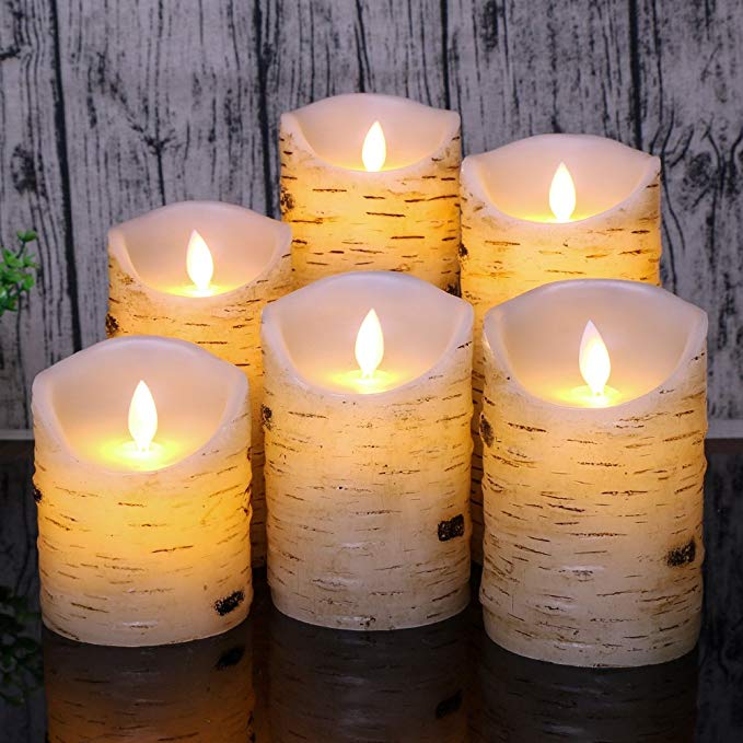 Flameless LED Candles Flickering Light Pillar Real Birch bark Wax with Timer and 10-key Remote for Wedding,Votive,Yoga and Decoration Set of 6