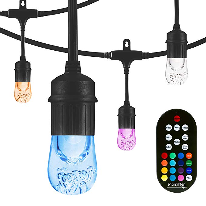 Enbrighten Classic Seasons LED Warm White & Color Changing Café String Lights, Black, 24ft, 12 Premium Impact Resistant Lifetime Bulbs, Wireless, Weatherproof, Indoor/Outdoor, Commercial Grade, 36134