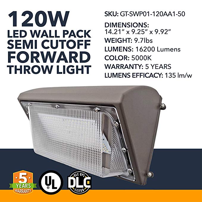 120W Wall Pack LED - 16200 Lumens, LED Powered Outdoor Security Semi Cutoff Wall Pack Lights - Commercial or Industrial Security Lighting - 5000K - (UL + DLC)