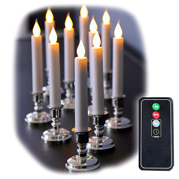 Set of 10 Flameless White Taper Window Candles with Removable Silver Candleholders with Timer and Remote, Batteries Included