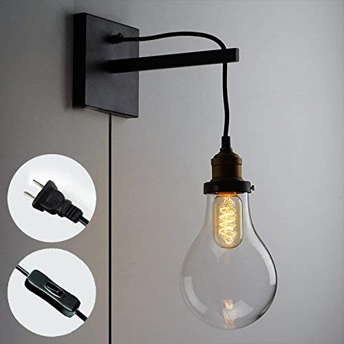 STGLIGHTING Vintage Lighting Retro Style Wall Sconces Balcony Fixture Lamp Iron Art Wall Lighting Glass Lampshade UL Plug-in Button Cord Bulbs Not Included