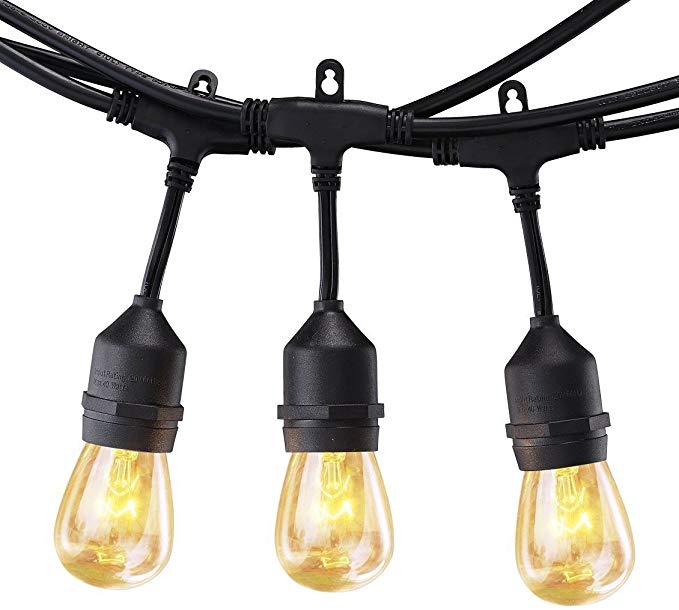 Cloudy Bay 48-Foot with 15 Hanging Sockets Weatherproof Outdoor String Lights - Commercial Grade - Perfect Patio Lights & Party Lights - 15 S14 Incandescent Bulbs Included(2 Spares)